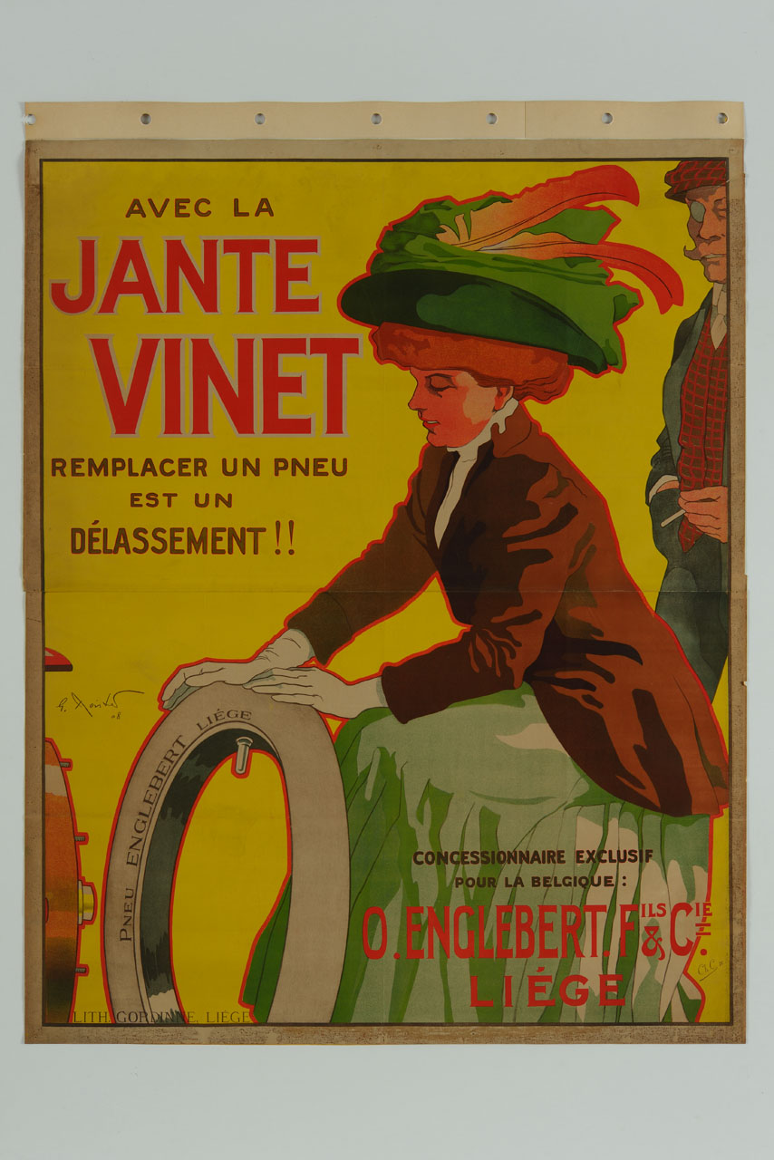 donna cambia uno pneumatico (manifesto, stampa composita) - ambito belga (sec. XX)