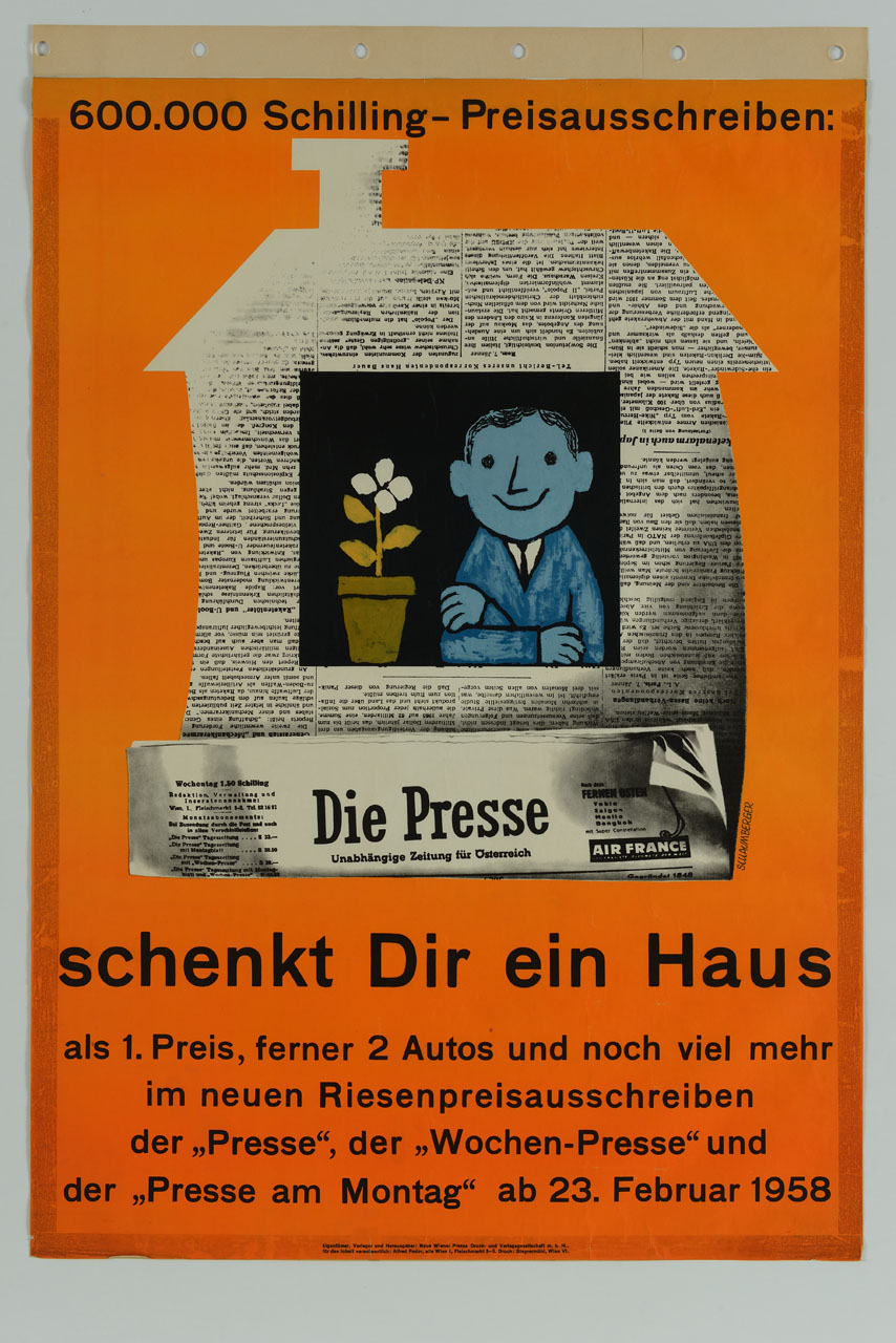 casa fatta con carta di giornale e uomo alla finestra (manifesto) di Swaumberger - ambito austriaco (sec. XX)