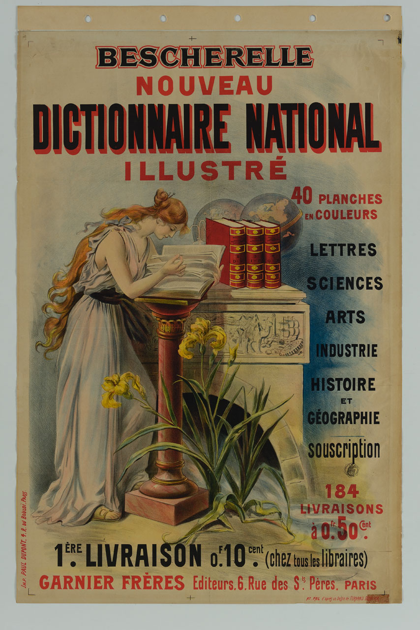 figura femminile accanto a colonna legge un volume (manifesto) di Paleologue Jean / de Paleologu Jean, Besnier Fernand (fine sec. XIX)