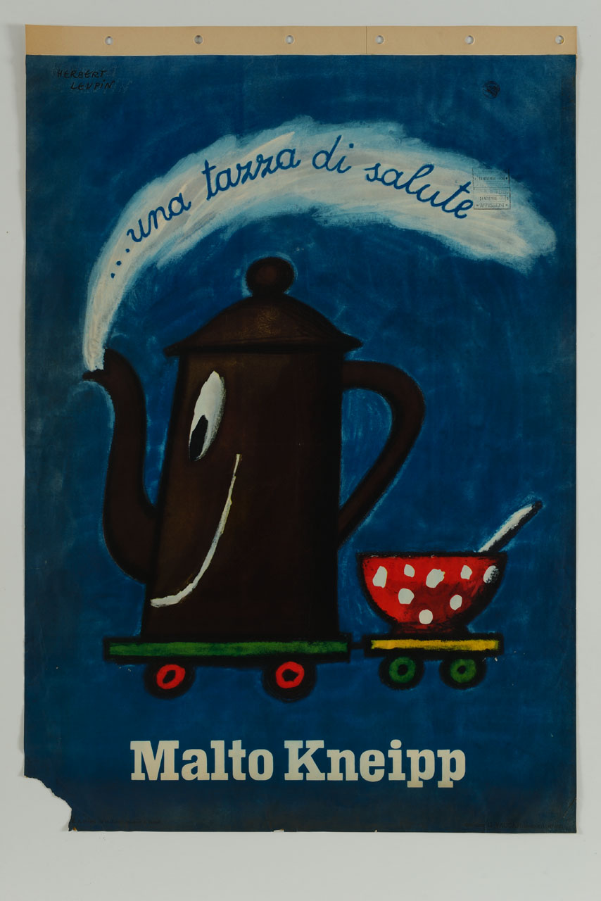 bricco da caffè fumante con tazza su un piccolo carrello (manifesto) di Leupin Herbert (sec. XX)