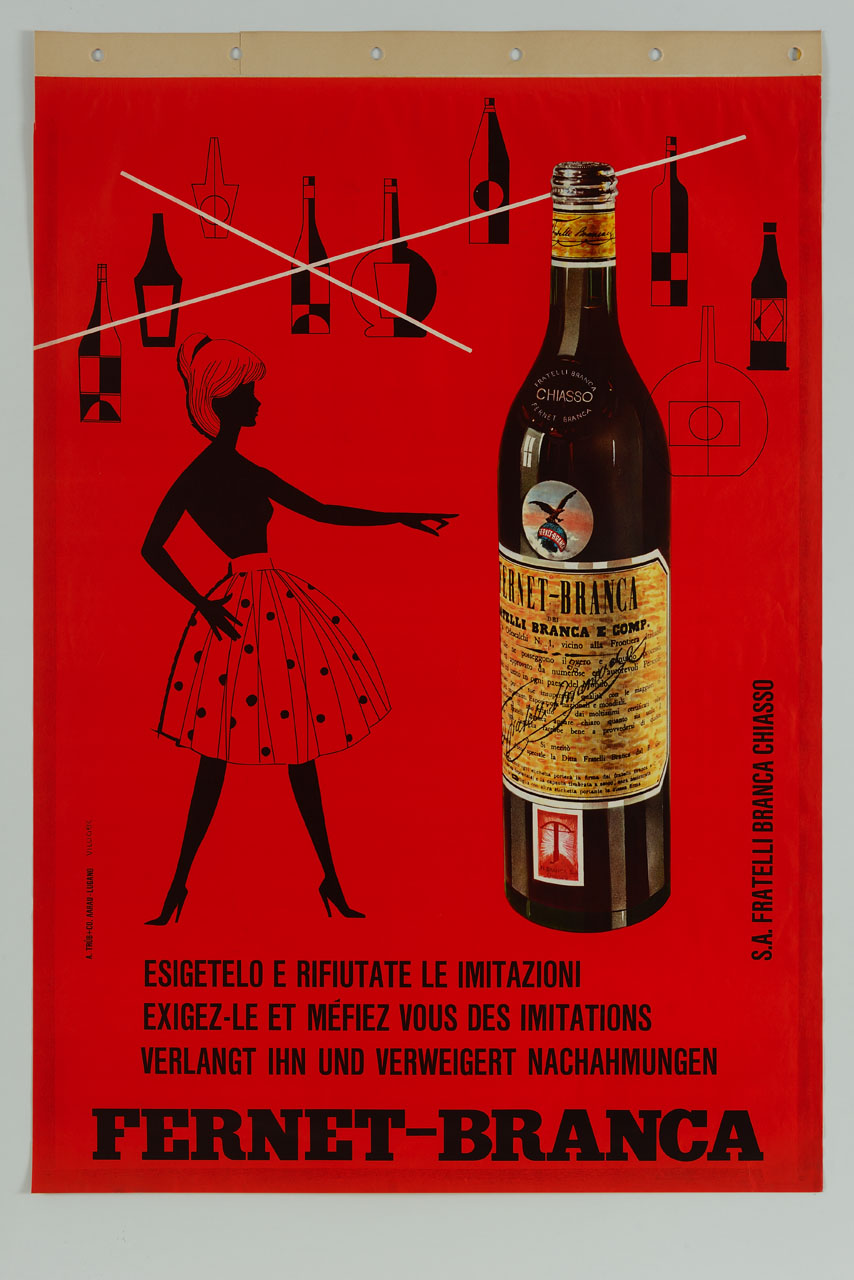 figura femminile con grande bottiglia e bottiglie barrate sul fondo (manifesto) di Villiger - ambito svizzero (sec. XX)
