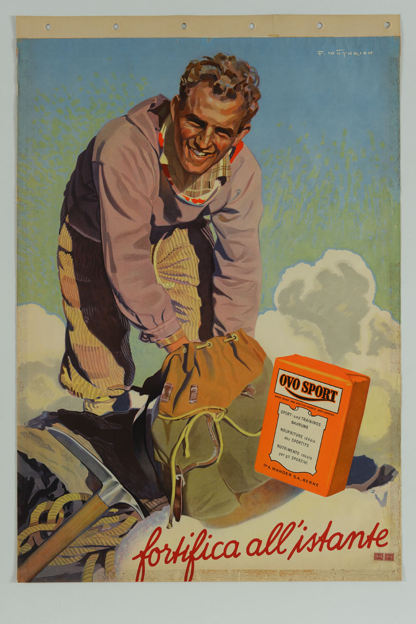 alpinista con zaino e piccozza (manifesto) di Wüthrich Friedrich - ambito svizzero (sec. XX)
