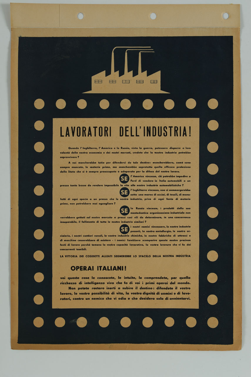 fabbrica con ciminiere e iscrizione in un riquadro con cerchi (manifesto) - ambito italiano (sec. XX)