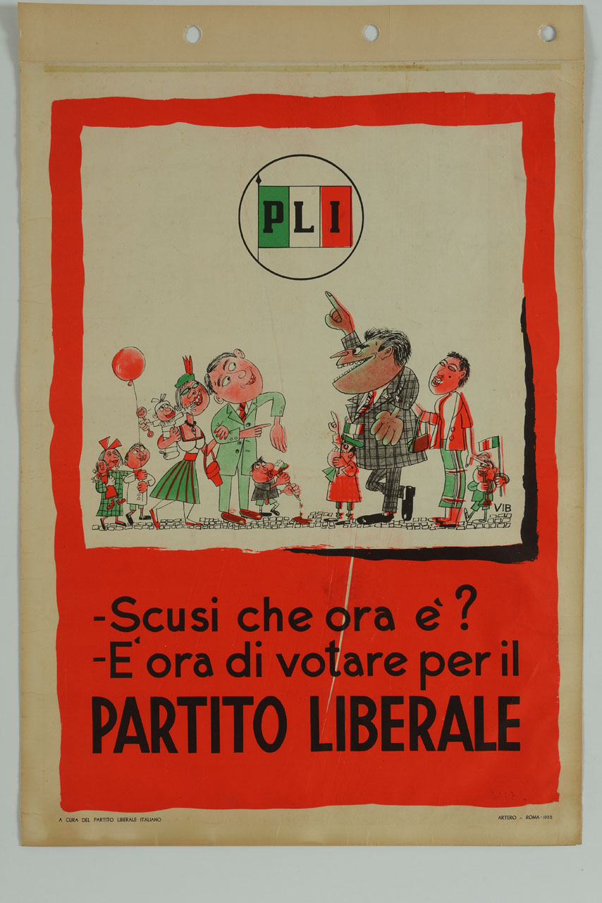 due famiglie a colloquio sotto il simbolo del PLI (manifesto) - ambito italiano (sec. XX)
