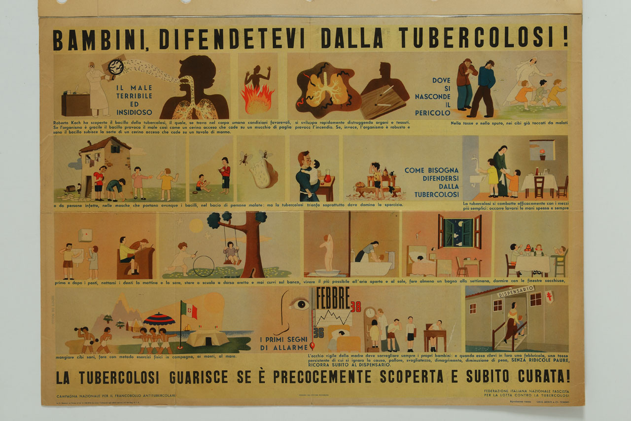 strisce illustrate con figure, bambini e medici e iscrizioni (manifesto) di Roveroni Walter (sec. XX)