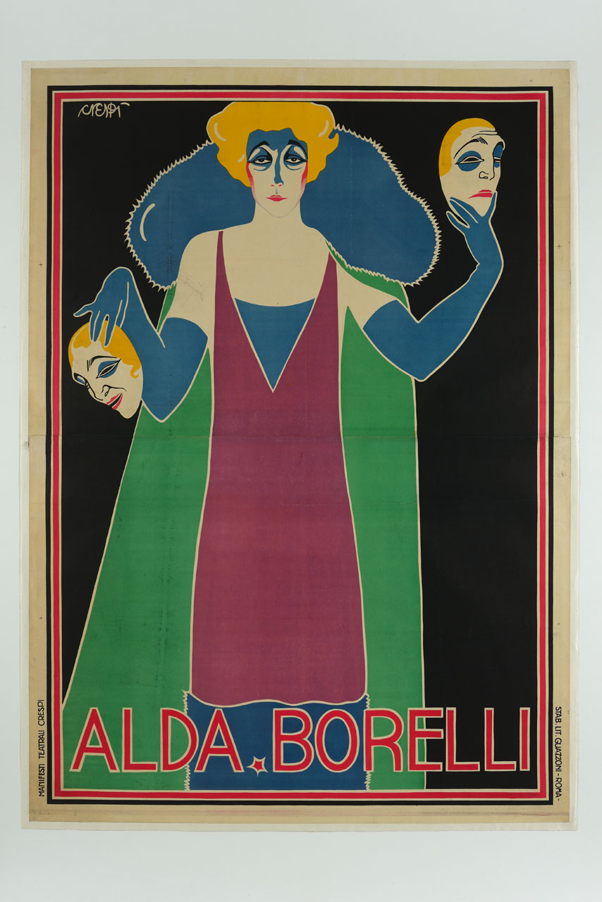 ritratto di Alda Borelli con maschere (manifesto, stampa composita) di Crespi Luigi Daniele (sec. XX)