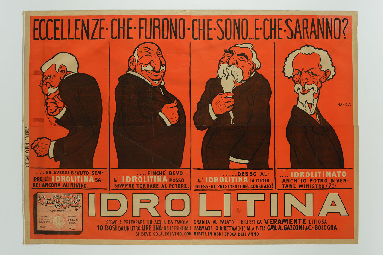 ritratti caricaturali di politici italiani e di pittore (manifesto, stampa composita) di Majani Augusto detto Nasica (primo quarto sec. XX)