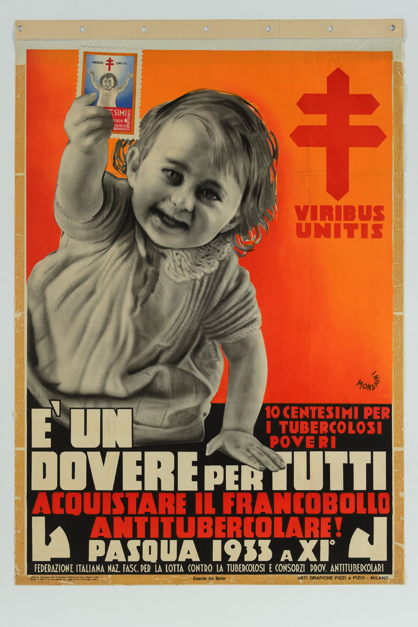 bambina porge il francobollo per la lotta contro la tubercolosi (manifesto) di Mondaini Giacinto (sec. XX)