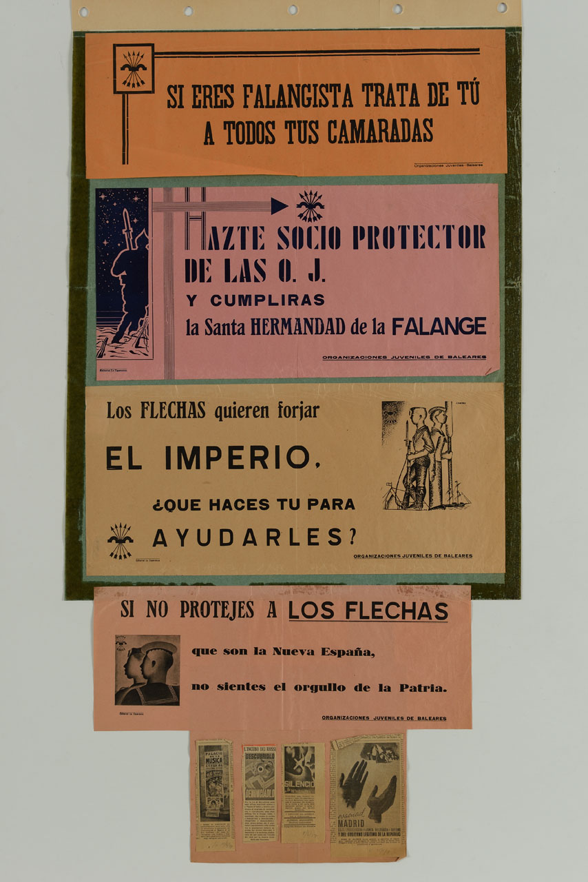 figure maschili con divise Falangiste (volantino) - ambito spagnolo (secondo quarto sec. XX)