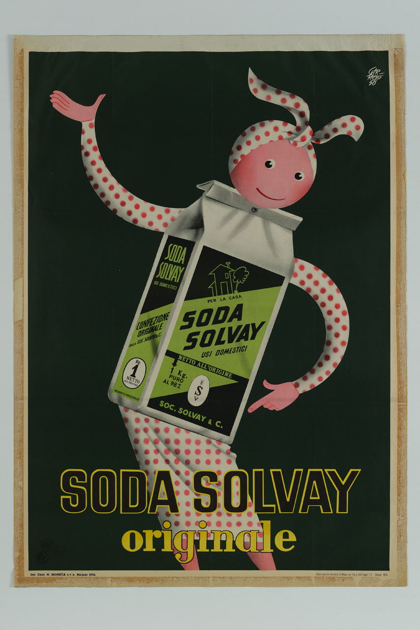 Soda Solvay figura femminile con il corpo formato da una scatola d