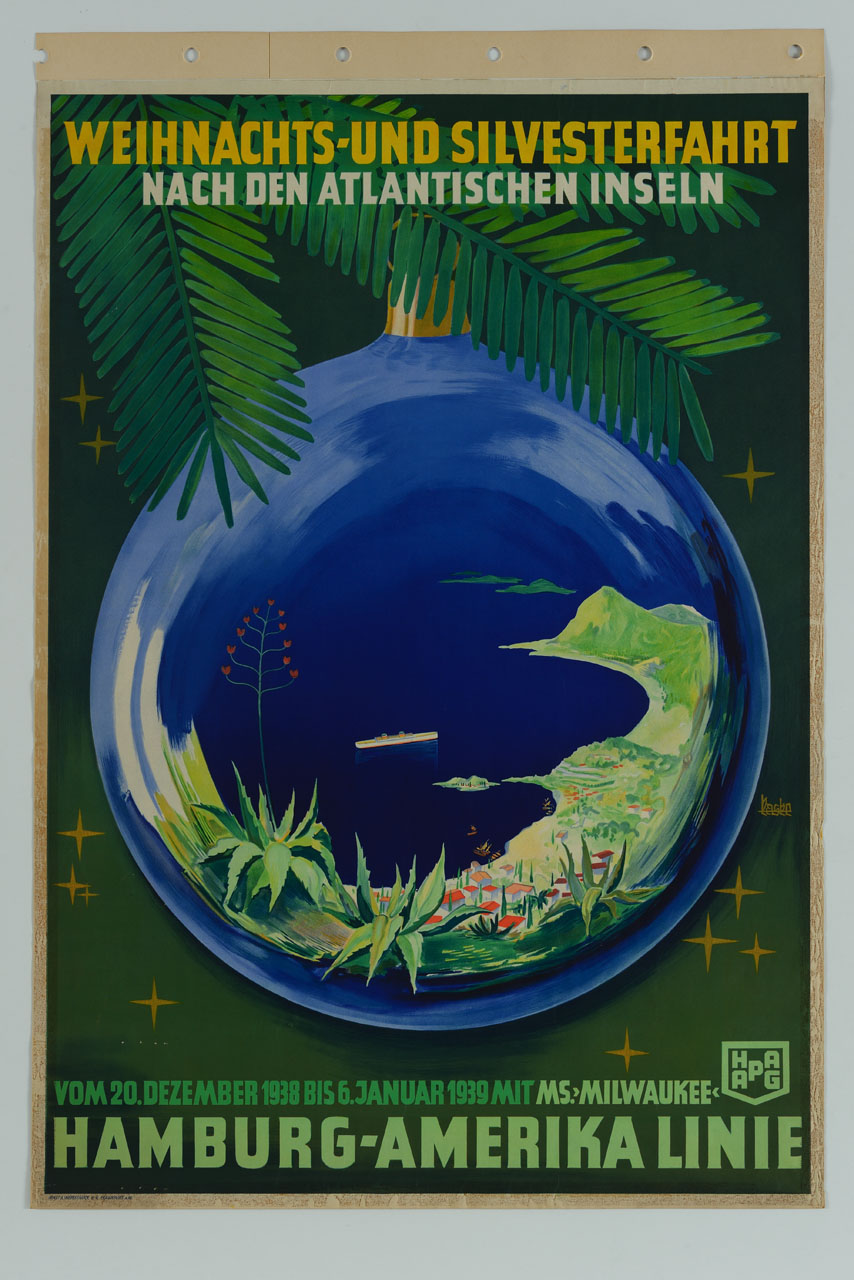 pallina natalizia con paesaggio marino (manifesto) di Kaske Hein - ambito tedesco (sec. XX)