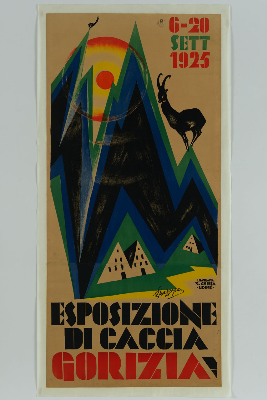 montagne stilizzate con architetture e stambecchi (manifesto) di Spazzapan Luigi (sec. XX)