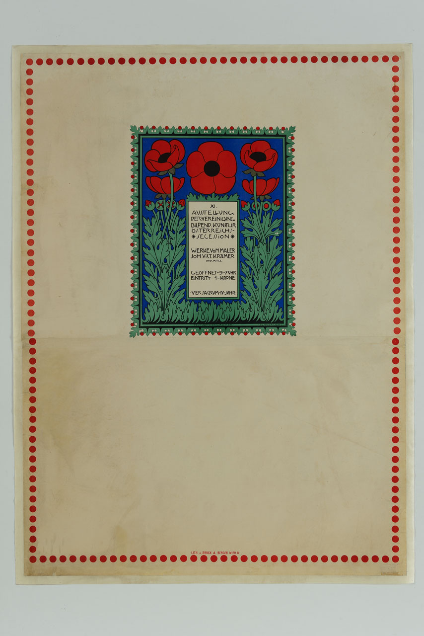 frontespizio con scritte e motivi floreali rossi (manifesto) di Kramer Johann Victor - ambito austriaco (sec. XX)