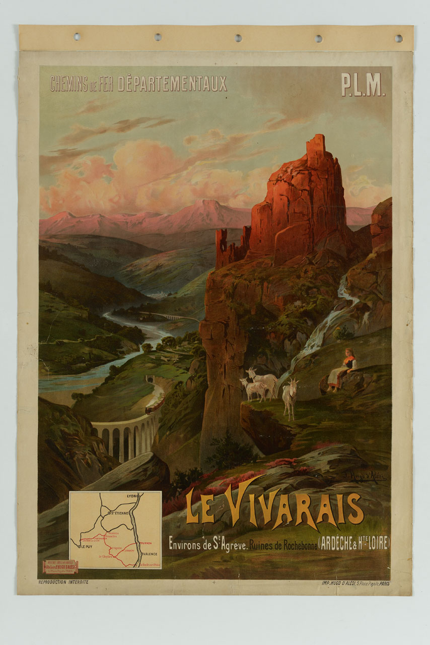 paesaggio montano con le rovine del castello di Rochebonne e pastorella di capre in riposo (manifesto) di Frederic Hugo d'Alesi (sec. XX)