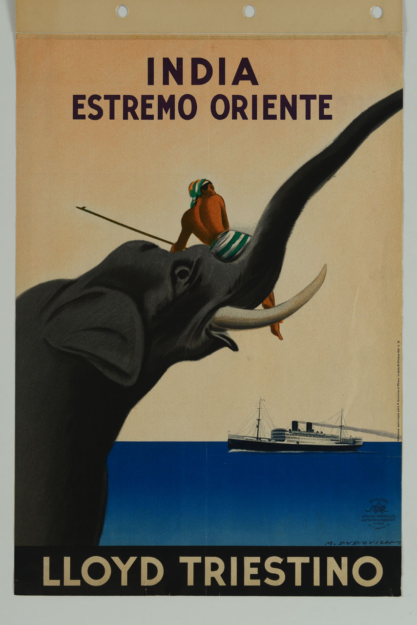 elefante con indigeno sullo sfondo dell'oceano solcato da una nave (manifesto) di Dudovich Marcello (sec. XX)
