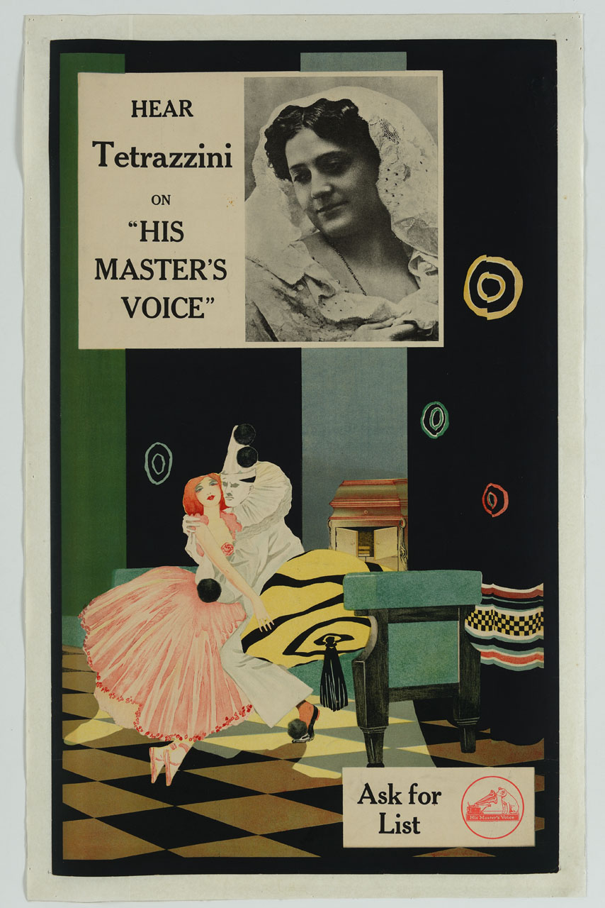 interno con ballerina abbracciata da Pierrot e riquadro con ritratto di Luisa Tetrazzini (manifesto) - ambito inglese (sec. XX)