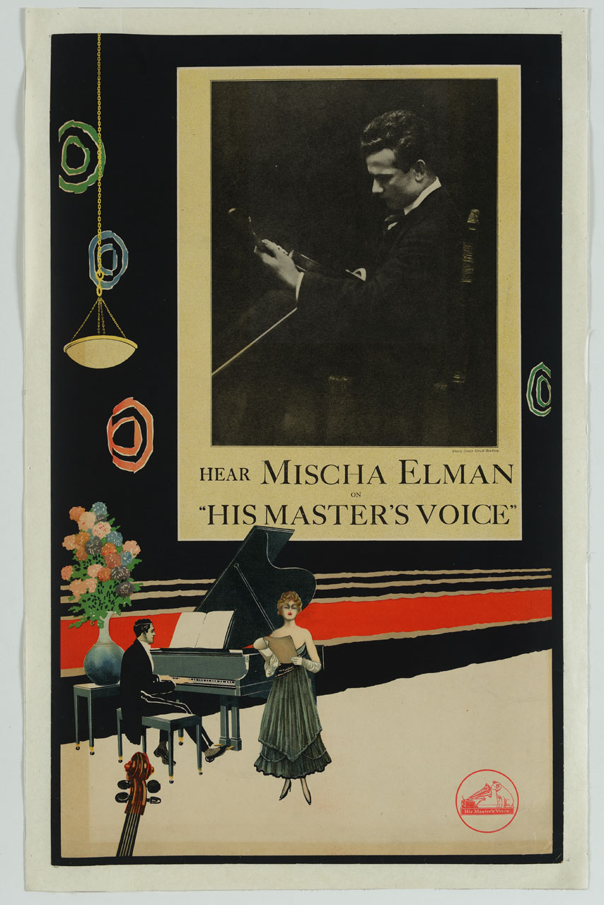 cantante con musicista al pianoforte e riquadro con ritratto di Mischa Elman (manifesto) di Dover Street Studios - ambito inglese (sec. XX)
