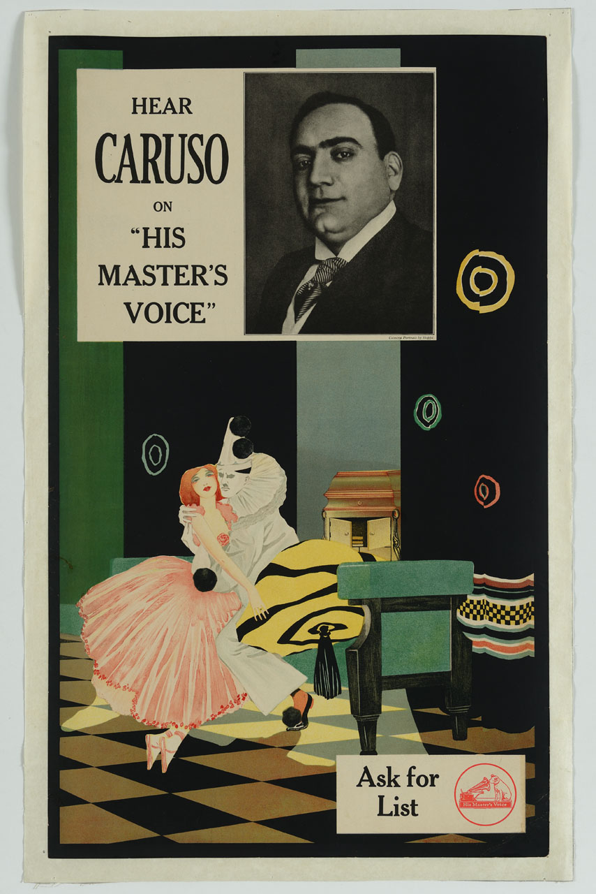 interno con ballerina abbracciata da Pierrot e riquadro con ritratto di Enrico Caruso (manifesto) di Hoppé Emil Otto (sec. XX)