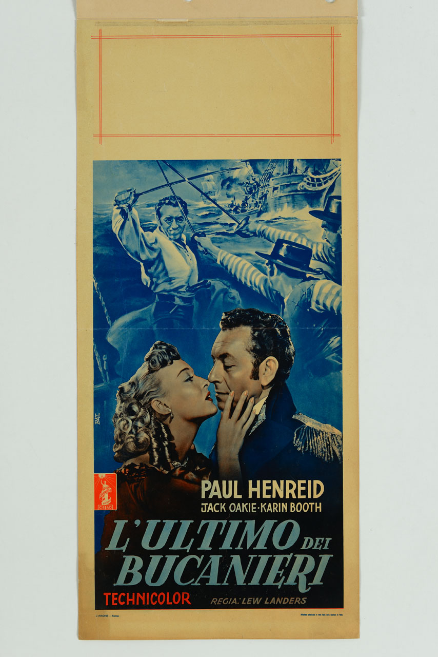 un uomo e una donna si baciano sullo sfondo di imbarcazioni con pirati (manifesto) di Batacchi Franco (sec. XX)
