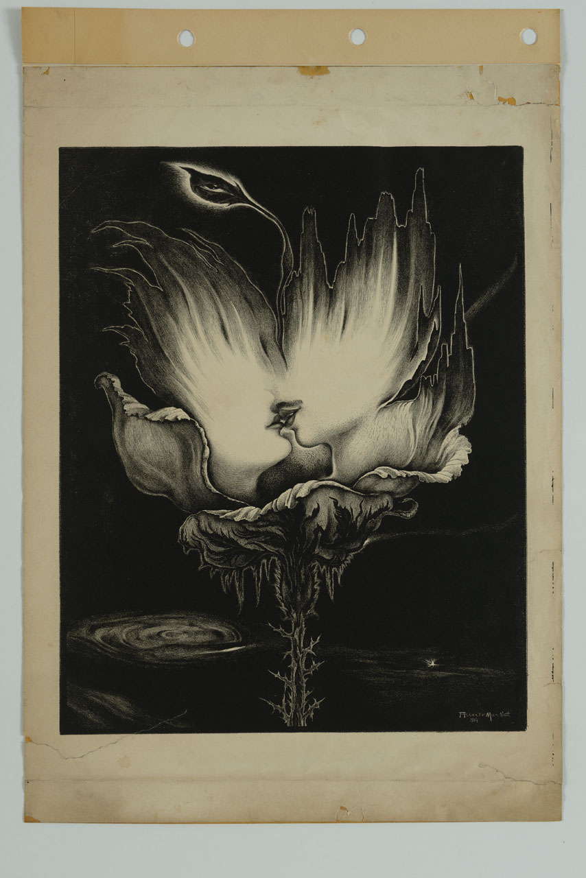 fiore fantastico formato da volti di donna e uomo che si baciano (stampa) di Martini Alberto Giacomo Spiridione (sec. XX)
