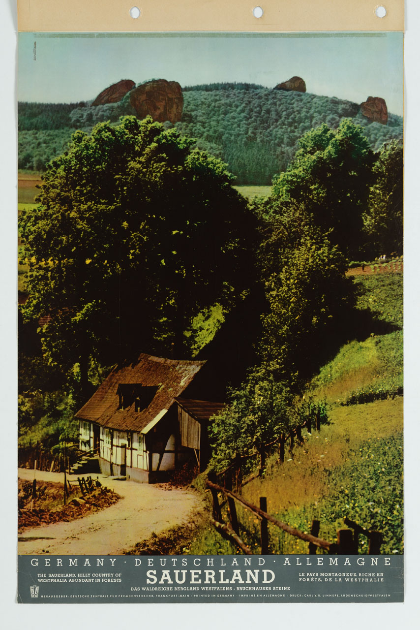 veduta paesaggistica con casa nella Sauerland (manifesto) - ambito tedesco (sec. XX)