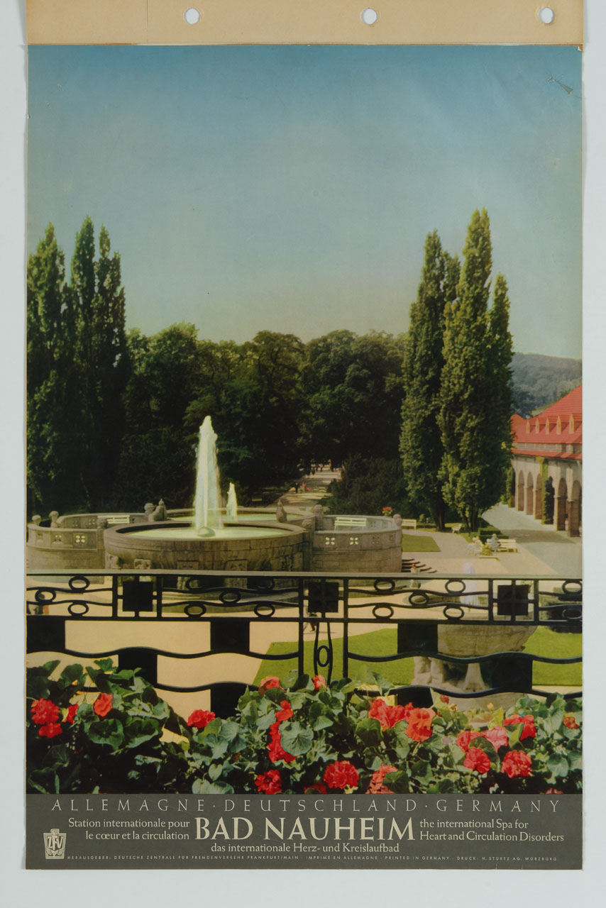 veduta del giardino e della fontana delle terme di Bad Nauheim (manifesto) - ambito tedesco (sec. XX)