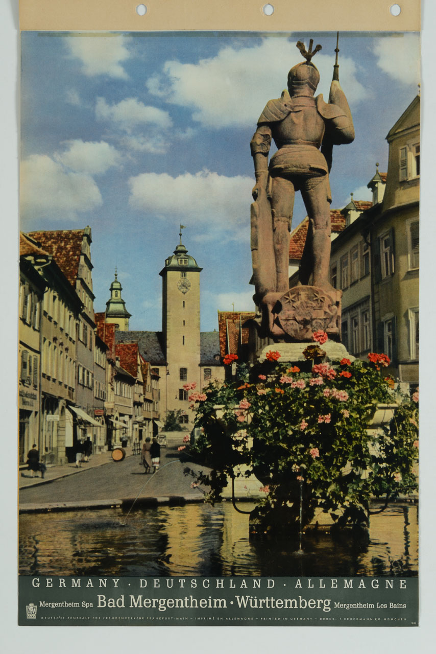 veduta di Bad Mergentheim con fontana e Castello dell'Ordine Teutonico sullo sfondo (manifesto) - ambito tedesco (sec. XX)