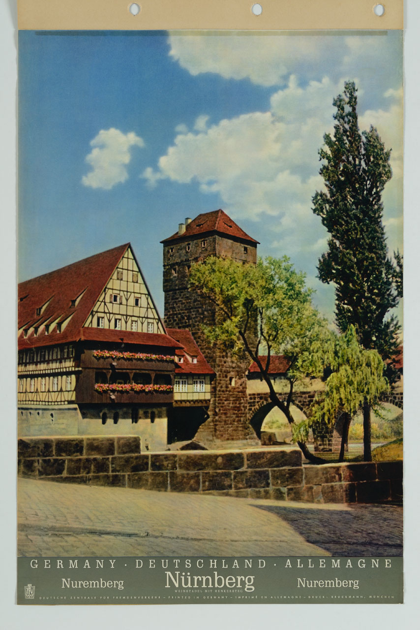 veduta di Norimberga con il Deposito del vino e la Passerella del boia (manifesto) - ambito tedesco (sec. XX)