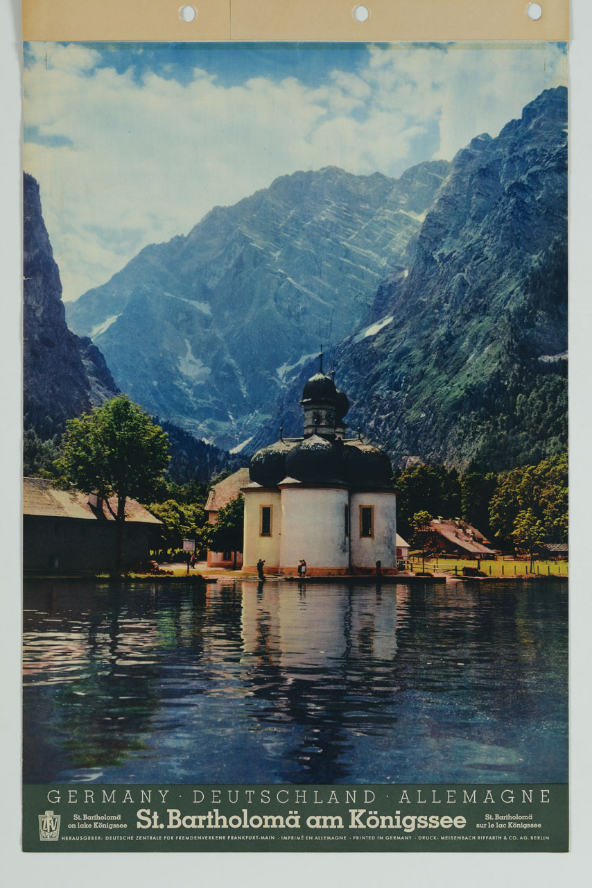 veduta del lago Königssee e della Cappella di San Bartolomeo (manifesto) - ambito tedesco (sec. XX)