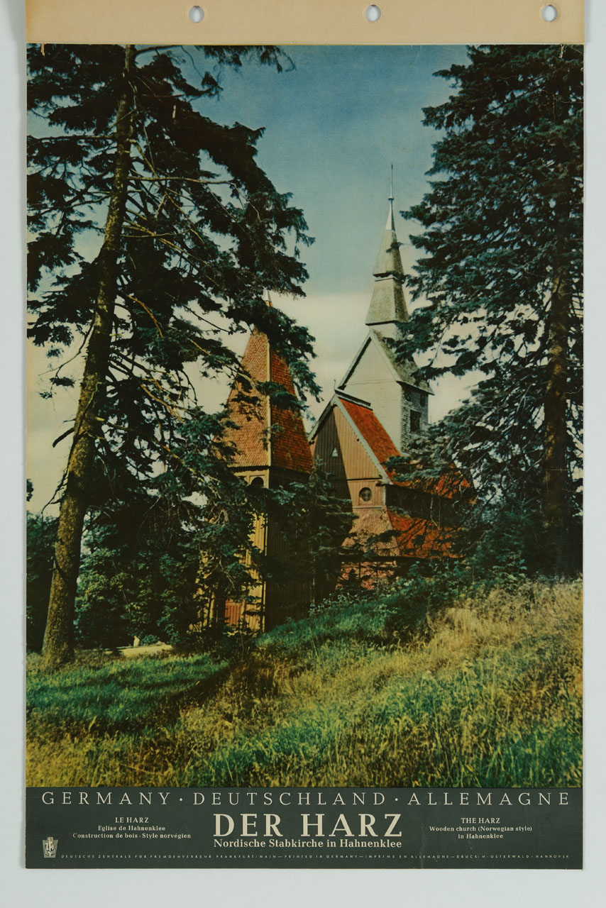 veduta della Gustav Adolf Stabkirche di Hahnenklee nelle montagne dello Harz (manifesto) - ambito tedesco (sec. XX)