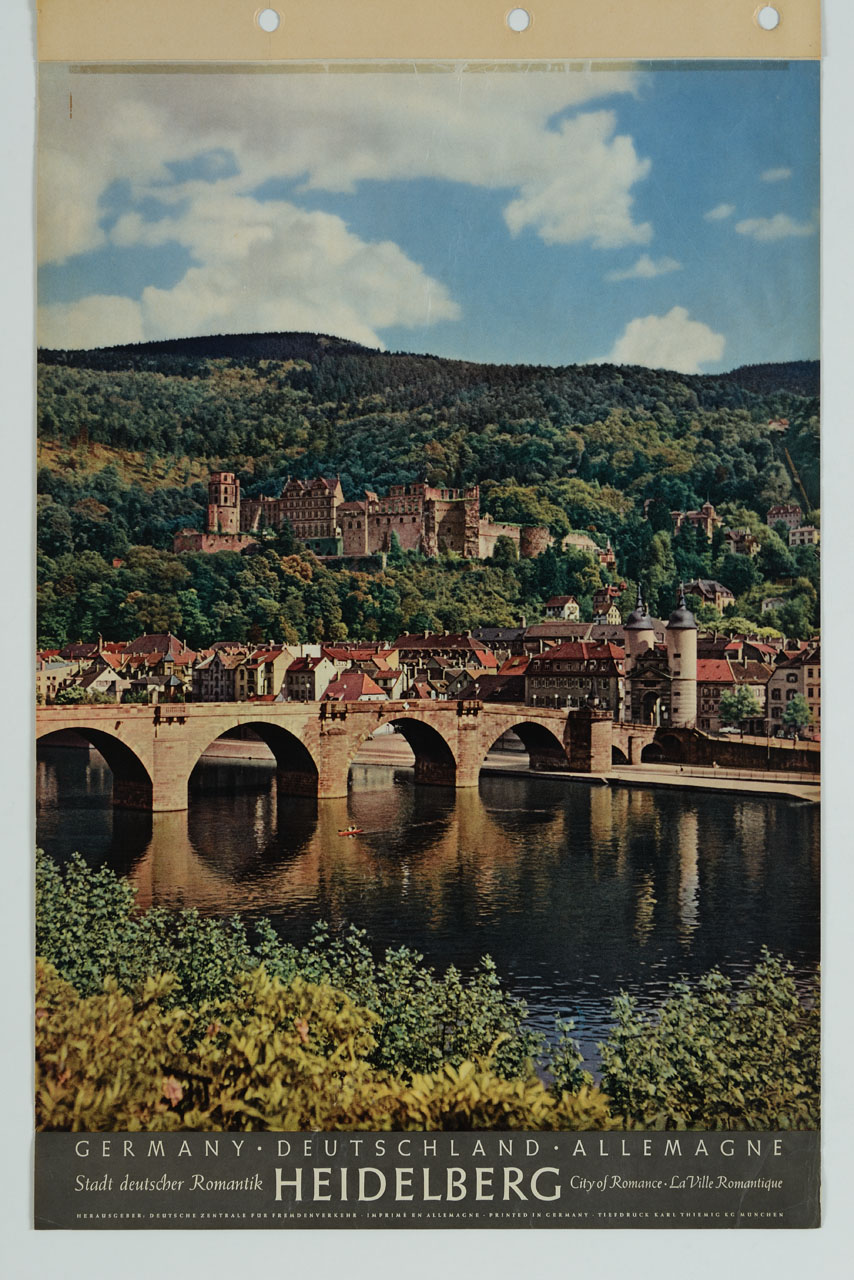 veduta di Heidelberg con il Ponte Vecchio sul Neckar e il castello sullo sfondo (manifesto) - ambito tedesco (sec. XX)