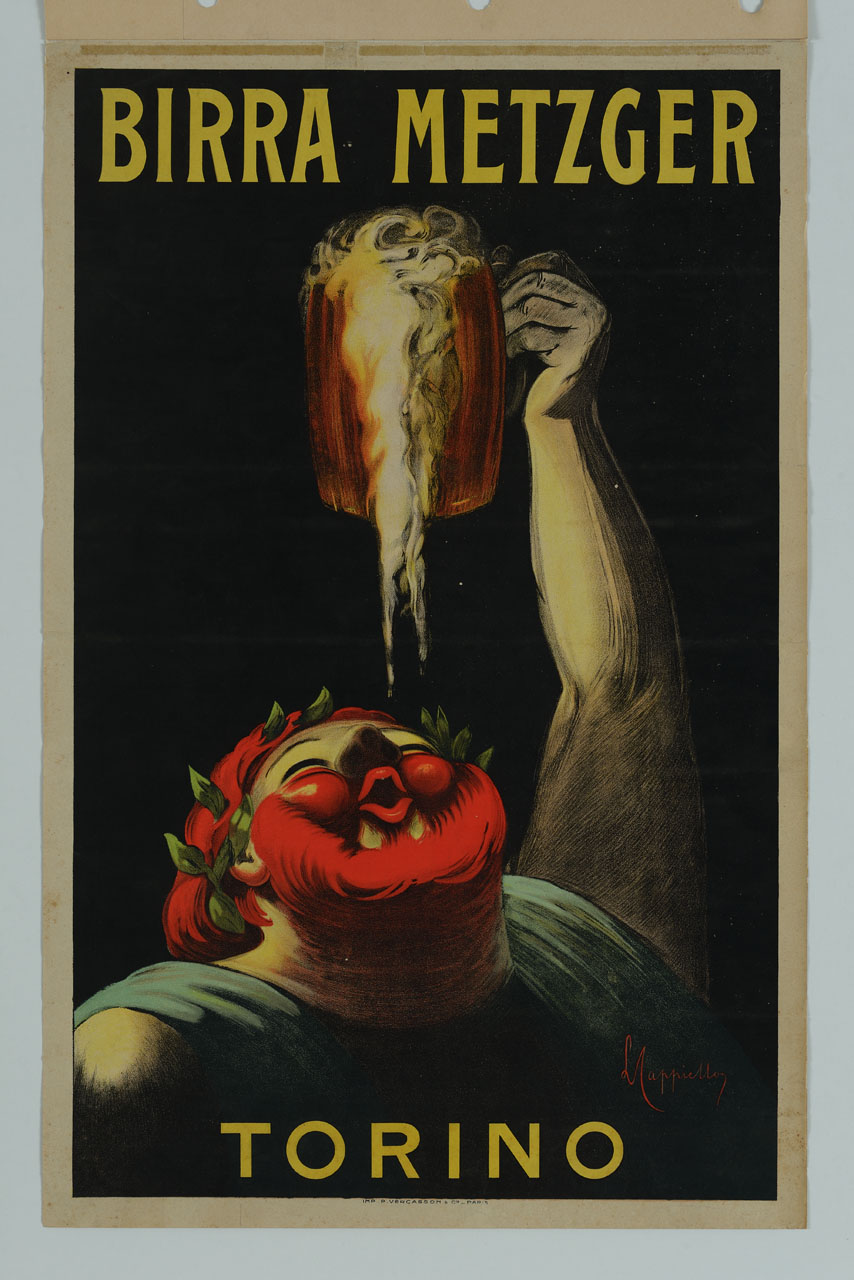 figura maschile in abiti antichi alza un traboccante boccale di birra (manifesto) di Cappiello Leonetto (sec. XX)