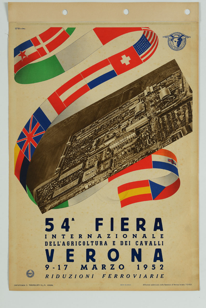 veduta dei padiglioni della fiera dell'agricoltura di Verona e nastro con bandiere (manifesto) di Tomba Ernesto Amos (sec. XX)