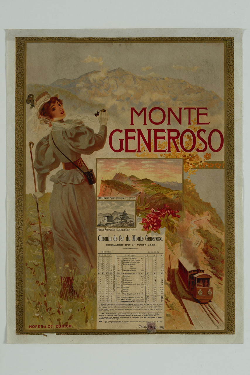 donna con binocolo sullo sfondo del Monte Generoso con strada ferrata e treno in cammino (manifesto) - ambito svizzero (sec. XX)