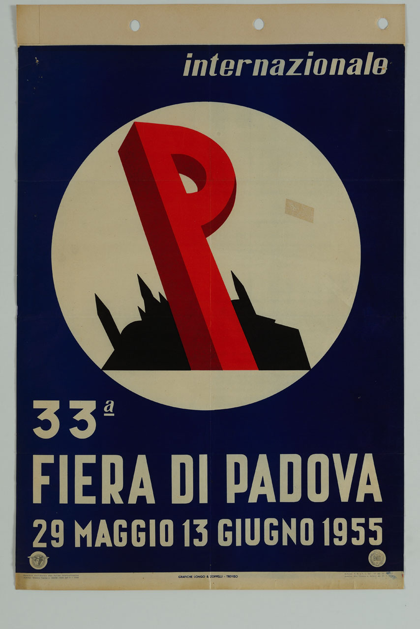 tondo con lettera P sullo sfondo della Basilica di Sant'Antonio di Padova (manifesto) - ambito italiano (sec. XX)