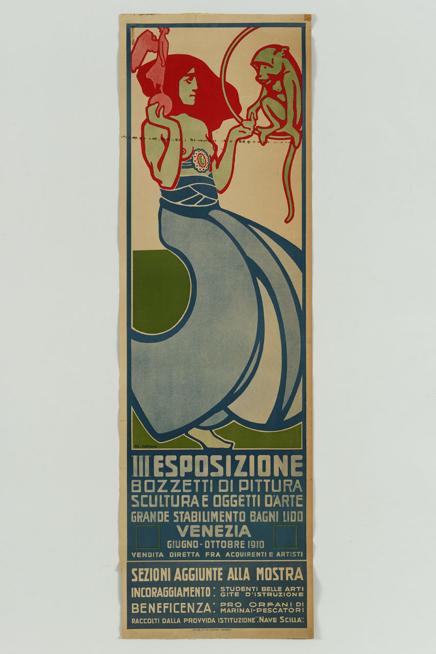 donna regge statuetta e gioca con scimmia (manifesto, stampa composita) di Sormani Gian Luciano (sec. XX)