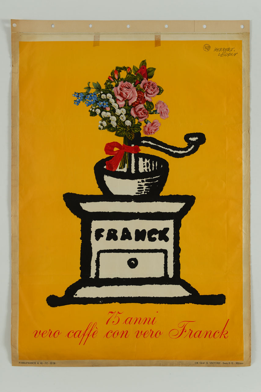 mazzo di fiori legato ad un macinino da caffè marchio della ditta Franck (manifesto) di Leupin Herbert (sec. XX)