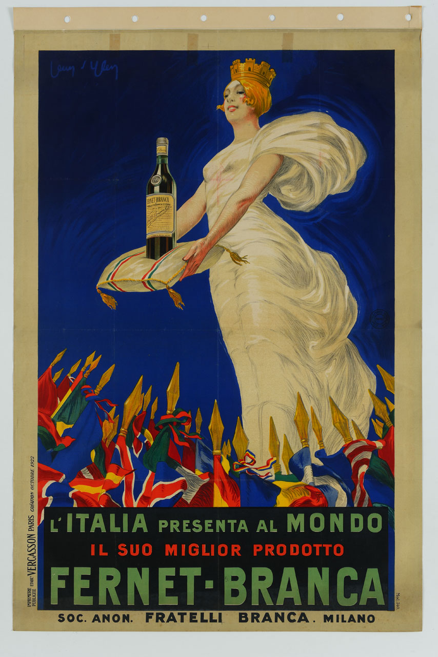 personificazione dell'Italia turrita sopra bandiere internazionali presenta una bottiglia di liquore (manifesto) di D'Ylen Jean (sec. XX)