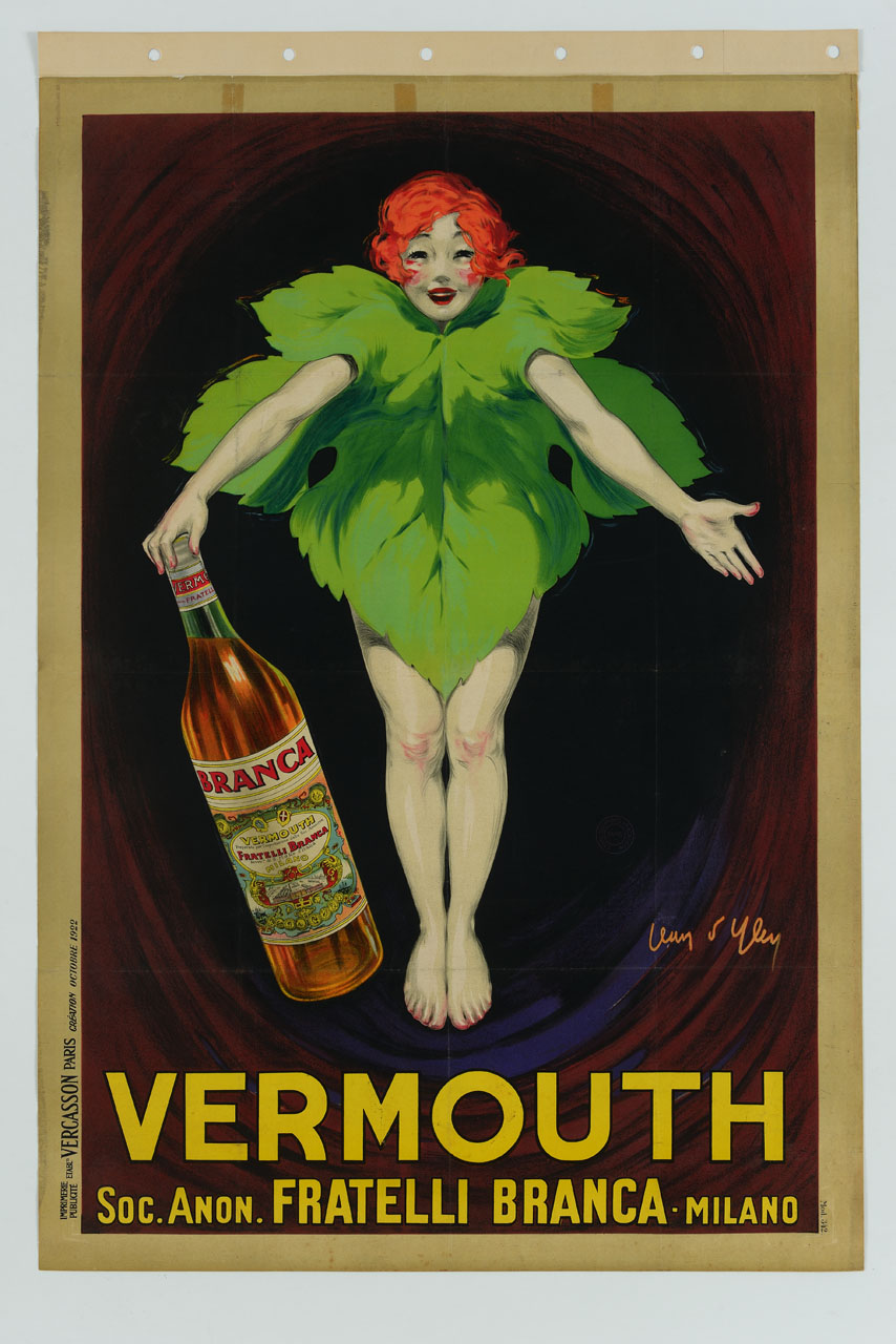 figura femminile vestita con una foglia di vite presenta una bottiglia di liquore (manifesto) di D'Ylen Jean (sec. XX)