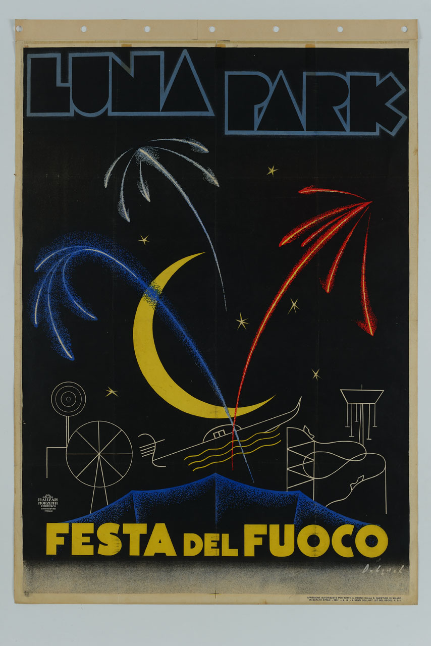 falce di luna e fuochi d'artificio illuminano le attrazioni di un luna park e una gondola (manifesto) di Dabovich Giorgio (sec. XX)