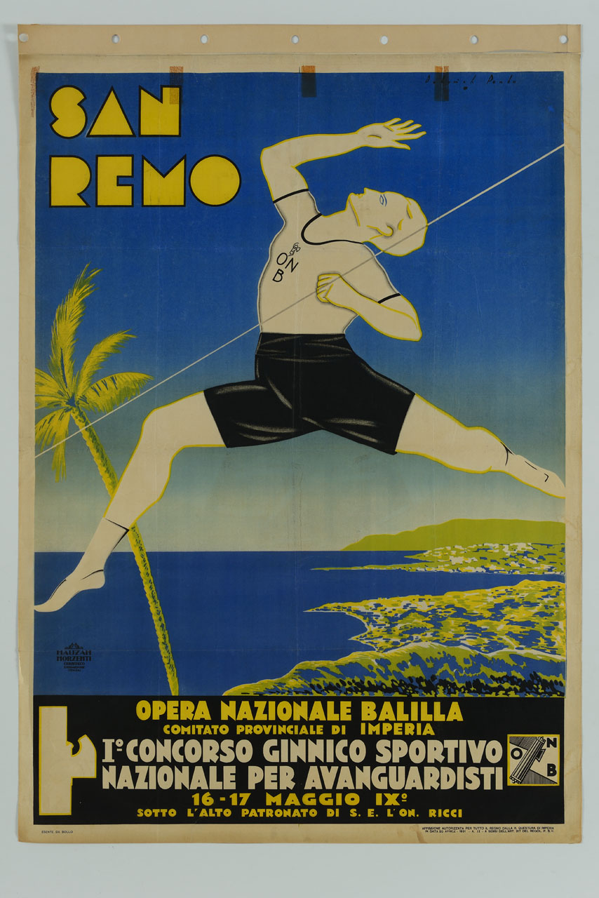 atleta taglia il traguardo sullo sfondo di paesaggio marino (manifesto) di Dabovich Giorgio, Penko Piero (sec. XX)