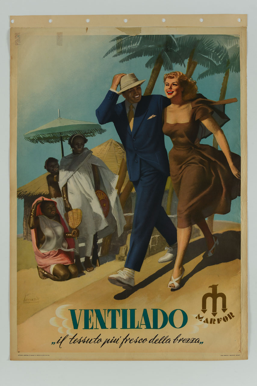 coppia sorridente cammina al sole sotto lo sguardo di una famiglia africana che si ripara sotto un parasole (manifesto) di Boccasile Gino (sec. XX)