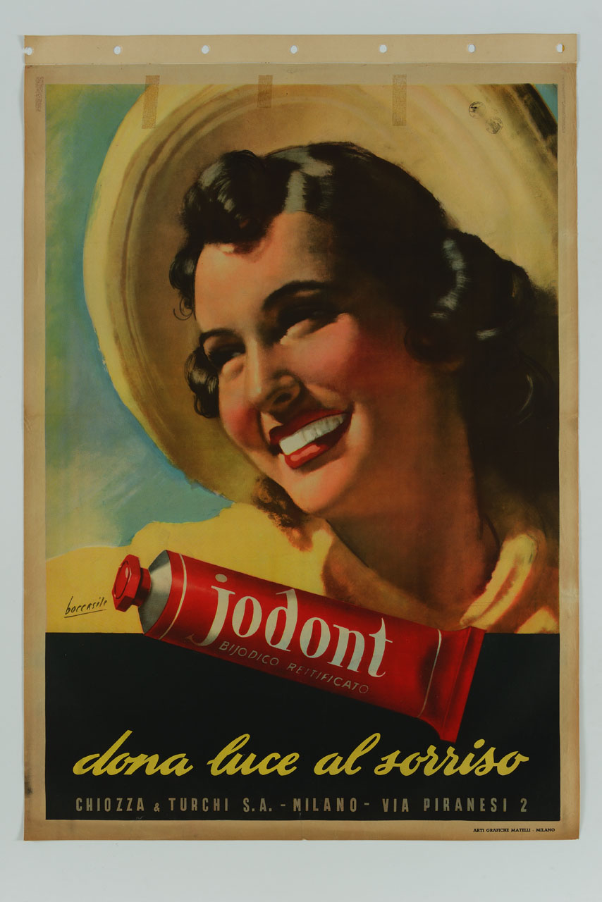 volto di donna sorridente e tubetto di dentifricio (manifesto) di Boccasile Gino (sec. XX)