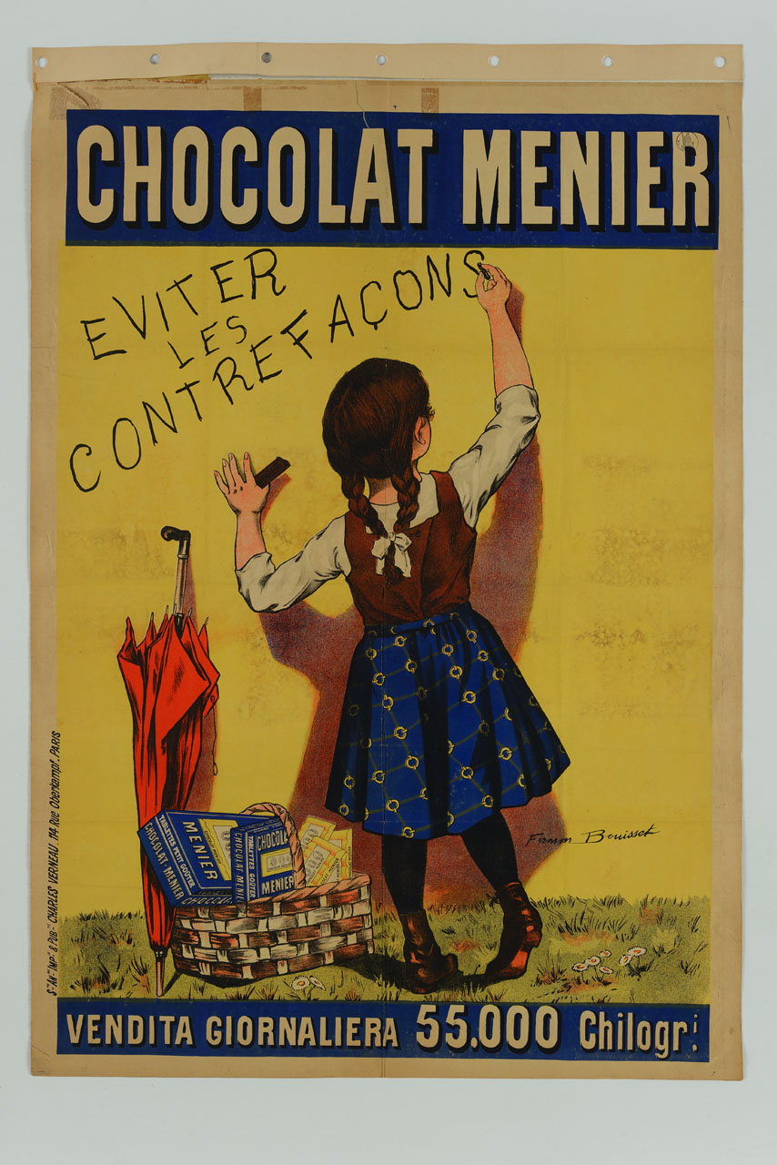 bambina scrive sul muro mentre mangia una barretta di cioccolato (manifesto) di Bouisset Firmin (sec. XIX)