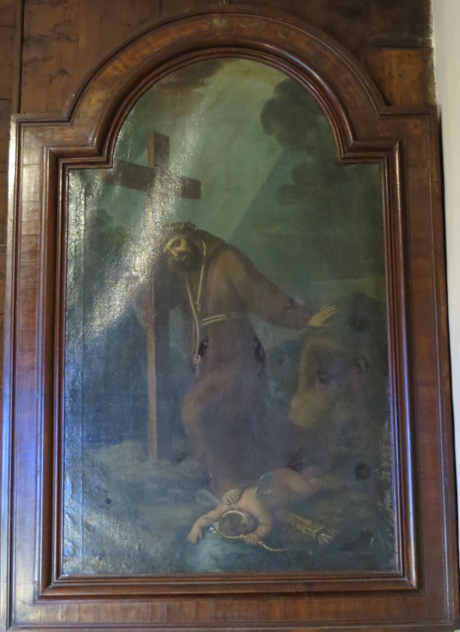 frate abbraccia croce e schiaccia cupido (dipinto) - ambito marchigiano (sec. XVII)
