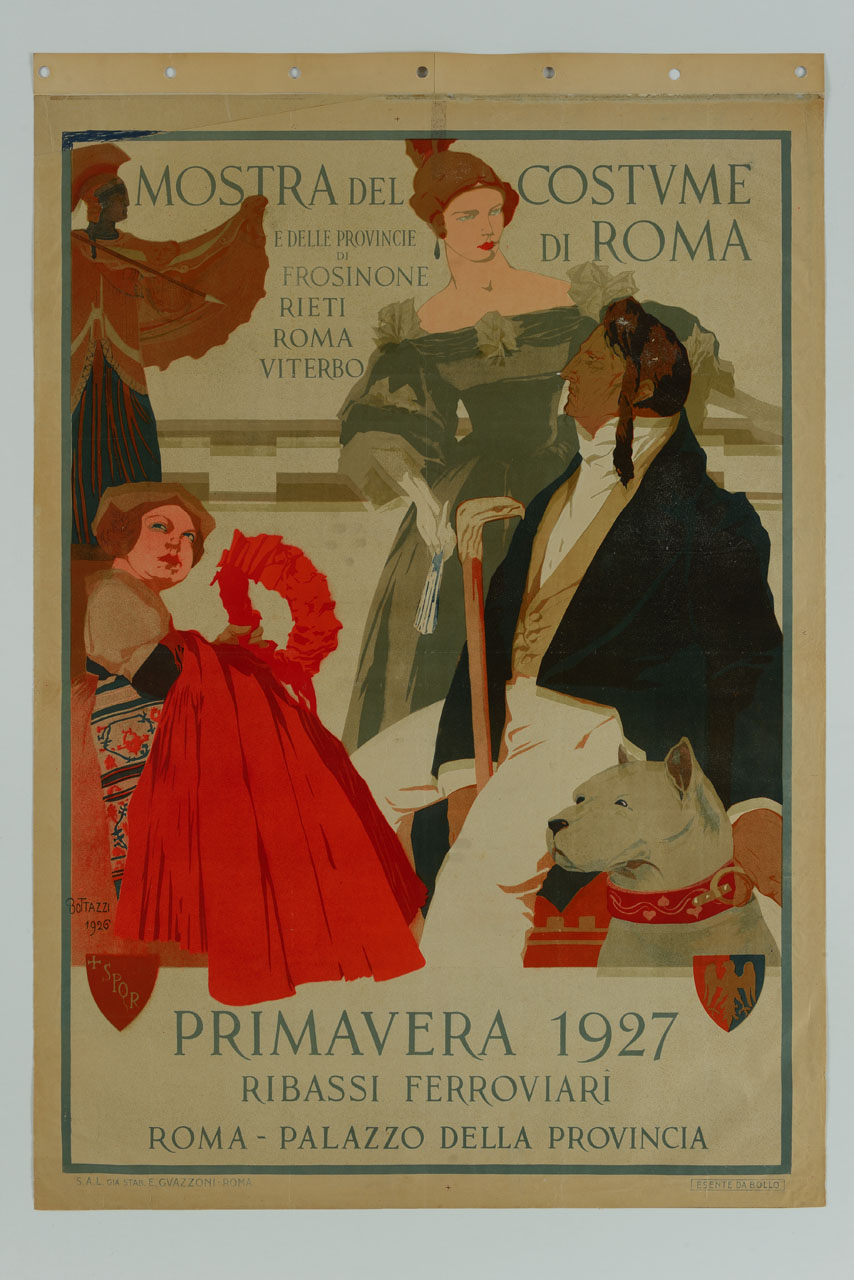 domestica porge alcune vesti ad una coppia di aristocratici con cane sullo sfondo della figura di Minerva (manifesto) di Bottazzi Umberto (sec. XX)