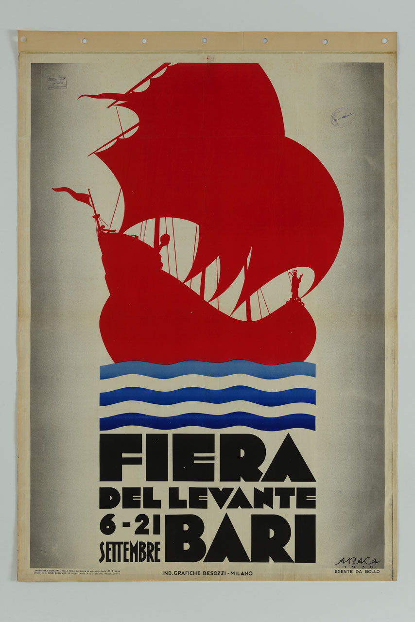 caravella stilizzata rossa su onde azzurre in fondo bianco (manifesto) di Forlivesi Montanari Enzo detto Araca (sec. XX)