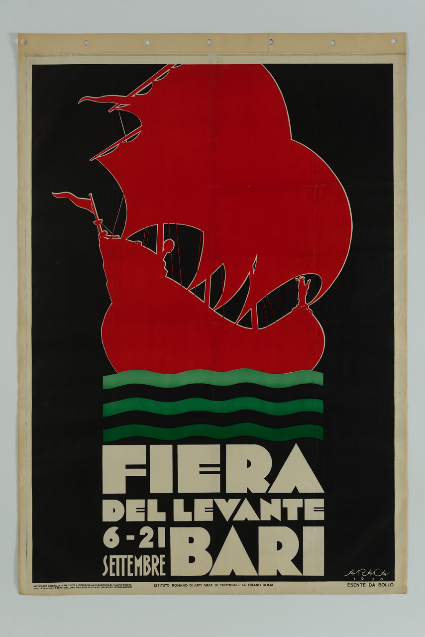 caravella stilizzata rossa su onde verdi in fondo nero (manifesto) di Forlivesi Montanari Enzo detto Araca (sec. XX)