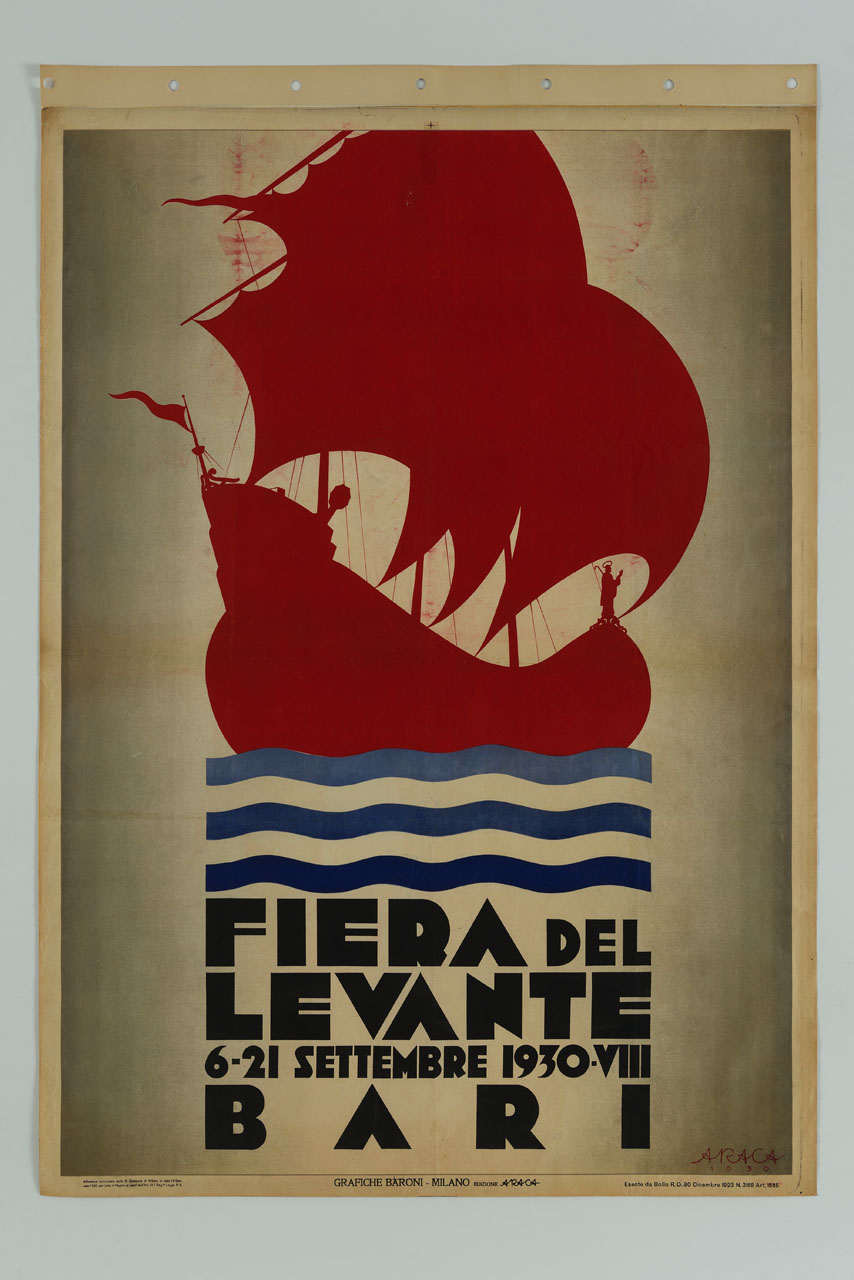 caravella stilizzata rossa su onde azzurre in fondo bianco (manifesto) di Forlivesi Montanari Enzo detto Araca (sec. XX)