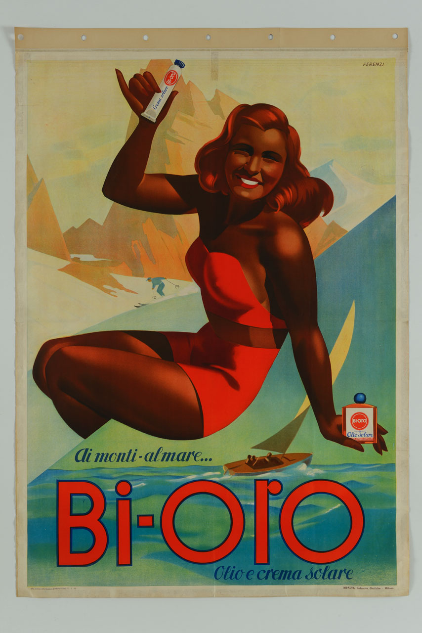 donna sorridente in costume mostra prodotti solari per mare e montagna (manifesto) di Ferenzi Nino (sec. XX)